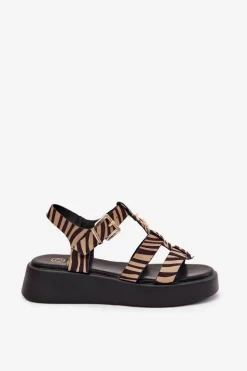 Damskie Boto Sandały Damskie Na Platformie Ze Złotym Detalem Zebra Beżowo-Czarne Fevire