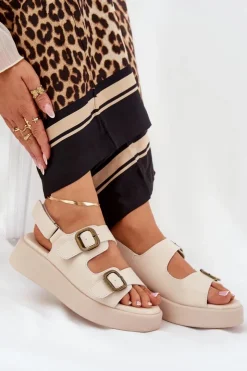 Boto Sandały Na Koturnie|Sandały Płaskie*Sandały Damskie Na Platformie I Koturnie Z Klamrami Beżowe Genorre Beżowy