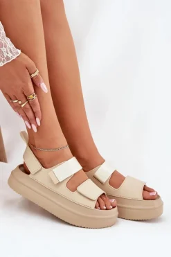 Boto Sandały Płaskie*Sandały Damskie Na Platformie Z Rzepami Beżowe Nitepira Beżowy