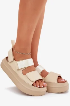 Boto Sandały Płaskie*Sandały Damskie Na Platformie Z Rzepami Beżowe Nitepira Beżowy