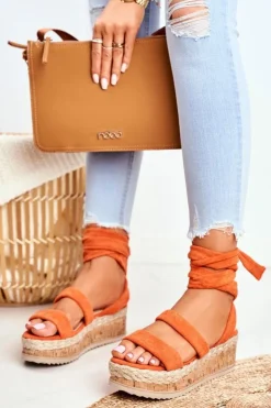 Boto Sandały Damskie Na Platformie Wiązane Pomarańczowe La Favorite
