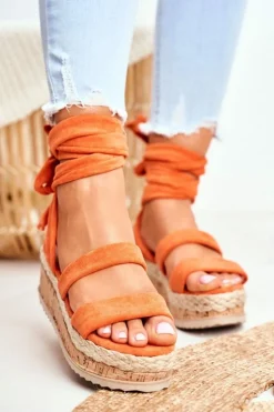 Boto Sandały Damskie Na Platformie Wiązane Pomarańczowe La Favorite