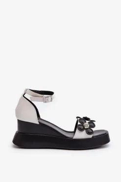 Outlet Boto Sandały Damskie Na Platformie I Koturnie Z Kwiatami Białe Foviana Biały