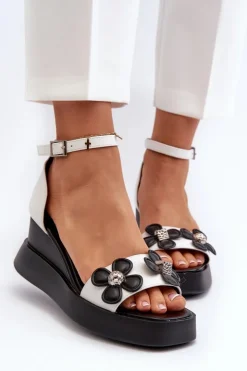 Outlet Boto Sandały Damskie Na Platformie I Koturnie Z Kwiatami Białe Foviana Biały