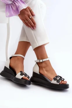 Outlet Boto Sandały Damskie Na Platformie I Koturnie Z Kwiatami Białe Foviana Biały