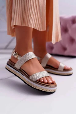 Boto Sandały Płaskie*Sandały Damskie Na Platformie Espadryl Złote Sarabel