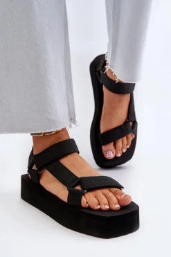 Boto Sandały Płaskie*Sandały Damskie Na Platformie Czarne Edireda