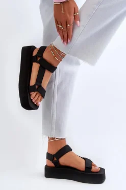 Boto Sandały Płaskie*Sandały Damskie Na Platformie Czarne Edireda