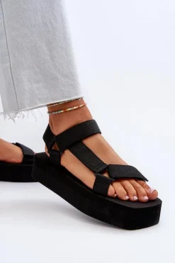 Boto Sandały Płaskie*Sandały Damskie Na Platformie Czarne Edireda