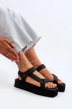 Boto Sandały Płaskie*Sandały Damskie Na Platformie Czarne Edireda