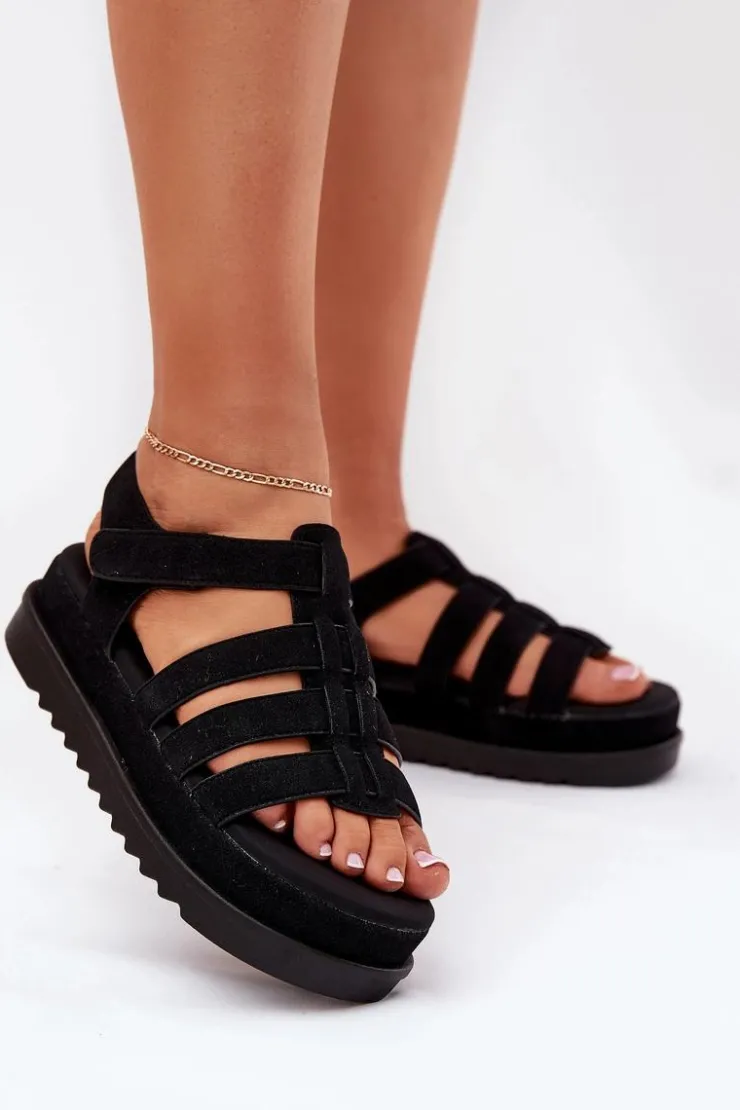 Boto Sandały Płaskie*Sandały Damskie Na Platformie Eko Zamszowe Czarne Filisenia Czarny