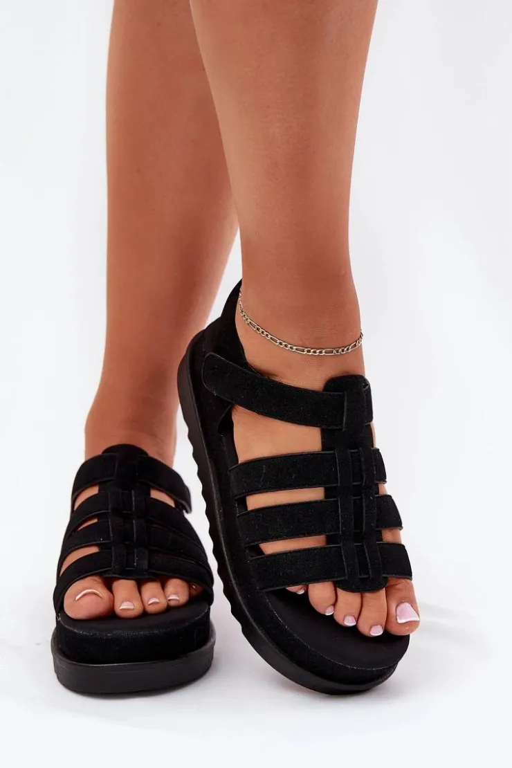 Boto Sandały Płaskie*Sandały Damskie Na Platformie Eko Zamszowe Czarne Filisenia Czarny