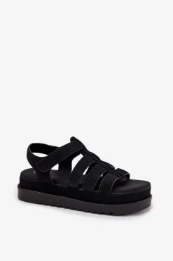 Boto Sandały Płaskie*Sandały Damskie Na Platformie Eko Zamszowe Czarne Filisenia Czarny