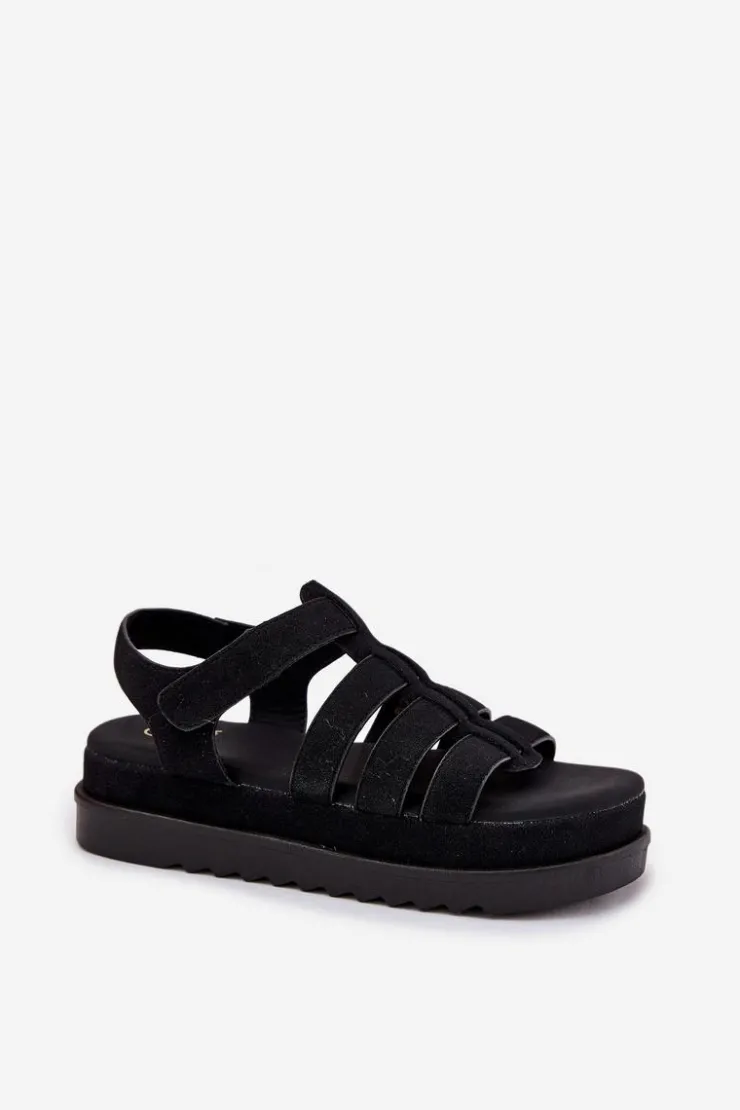 Boto Sandały Płaskie*Sandały Damskie Na Platformie Eko Zamszowe Czarne Filisenia Czarny