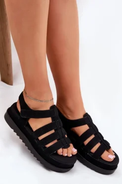 Boto Sandały Płaskie*Sandały Damskie Na Platformie Eko Zamszowe Czarne Filisenia Czarny