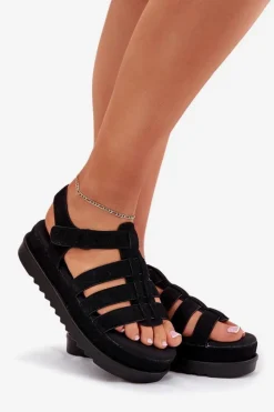 Boto Sandały Płaskie*Sandały Damskie Na Platformie Eko Zamszowe Czarne Filisenia Czarny