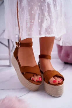 Boto Sandały Płaskie*Sandały Damskie Na Platformie Lniane Camel Dafostre