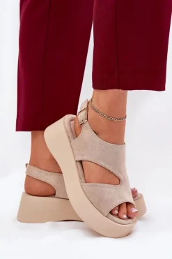 Boto Sandały Płaskie*Sandały Damskie Na Platformie Eko Zamszowe Beżowe Karonia