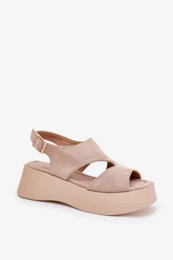 Boto Sandały Płaskie*Sandały Damskie Na Platformie Eko Zamszowe Beżowe Karonia