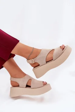 Boto Sandały Płaskie*Sandały Damskie Na Platformie Eko Zamszowe Beżowe Karonia