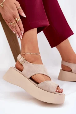 Boto Sandały Płaskie*Sandały Damskie Na Platformie Eko Zamszowe Beżowe Karonia
