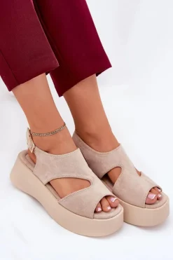 Boto Sandały Płaskie*Sandały Damskie Na Platformie Eko Zamszowe Beżowe Karonia