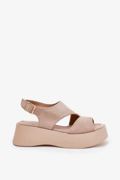 Boto Sandały Płaskie*Sandały Damskie Na Platformie Eko Zamszowe Beżowe Karonia