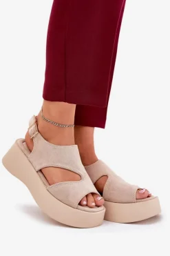 Boto Sandały Płaskie*Sandały Damskie Na Platformie Eko Zamszowe Beżowe Karonia
