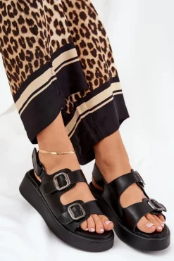 Damskie Boto Sandały Damskie Na Platformie I Koturnie Z Klamrami Czarne Genorre