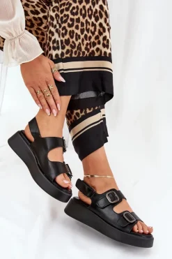 Damskie Boto Sandały Damskie Na Platformie I Koturnie Z Klamrami Czarne Genorre