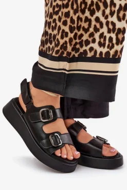 Damskie Boto Sandały Damskie Na Platformie I Koturnie Z Klamrami Czarne Genorre