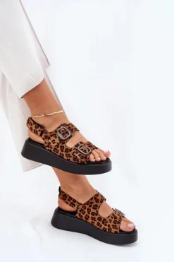 Boto Sandały Na Koturnie|Sandały Płaskie*Sandały Damskie Na Platformie I Koturnie Z Klamrami Panterka Brązowe Genorre Brązowy