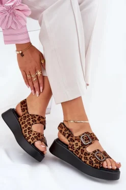 Boto Sandały Na Koturnie|Sandały Płaskie*Sandały Damskie Na Platformie I Koturnie Z Klamrami Panterka Brązowe Genorre Brązowy