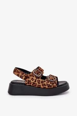 Boto Sandały Na Koturnie|Sandały Płaskie*Sandały Damskie Na Platformie I Koturnie Z Klamrami Panterka Brązowe Genorre Brązowy