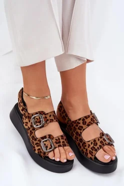 Boto Sandały Na Koturnie|Sandały Płaskie*Sandały Damskie Na Platformie I Koturnie Z Klamrami Panterka Brązowe Genorre Brązowy
