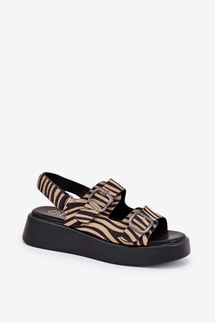 Hot Boto Sandały Damskie Na Platformie I Koturnie Z Klamrami Zebra Beżowo-Czarne Genorre