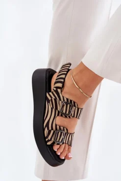 Hot Boto Sandały Damskie Na Platformie I Koturnie Z Klamrami Zebra Beżowo-Czarne Genorre