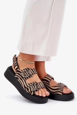 Hot Boto Sandały Damskie Na Platformie I Koturnie Z Klamrami Zebra Beżowo-Czarne Genorre