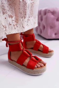 Best Boto Sandały Damskie na Platformie Zamszowe Czerwone Ergola