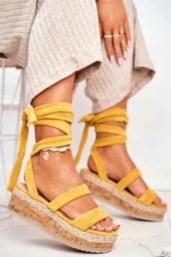 New Boto Sandały Damskie Na Platformie Wiązane Żółte La Favorite