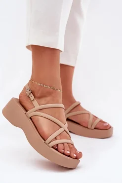 Boto Sandały Płaskie*Sandały Damskie Na Platformie Z Paskami Beżowe Civara Beżowy