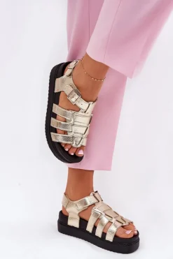 Boto Sandały Płaskie*Sandały Damskie Na Platformie Z Klamrami Złote Atarafas