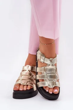 Boto Sandały Płaskie*Sandały Damskie Na Platformie Z Klamrami Złote Atarafas