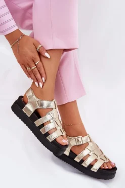 Boto Sandały Płaskie*Sandały Damskie Na Platformie Z Klamrami Złote Atarafas