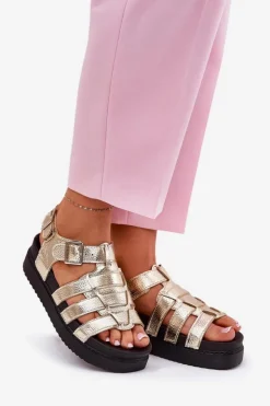 Boto Sandały Płaskie*Sandały Damskie Na Platformie Z Klamrami Złote Atarafas
