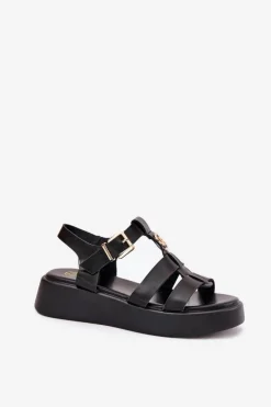 Boto Sandały Płaskie*Sandały Damskie Na Platformie Ze Złotym Detalem Czarne Fevire Czarny