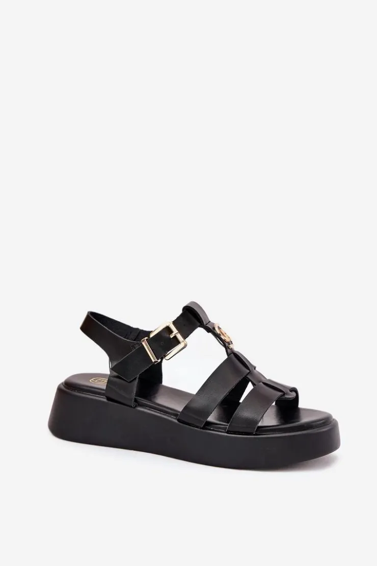 Boto Sandały Płaskie*Sandały Damskie Na Platformie Ze Złotym Detalem Czarne Fevire Czarny