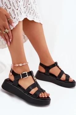 Boto Sandały Płaskie*Sandały Damskie Na Platformie Ze Złotym Detalem Czarne Fevire Czarny
