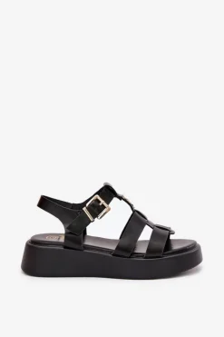 Boto Sandały Płaskie*Sandały Damskie Na Platformie Ze Złotym Detalem Czarne Fevire Czarny