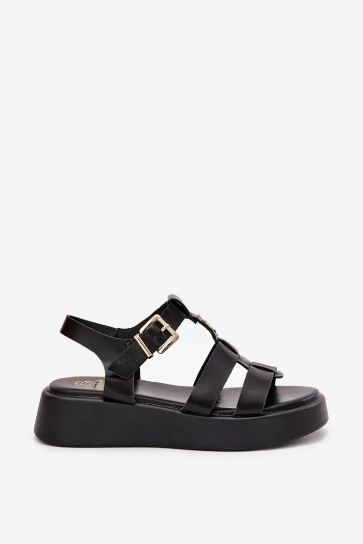 Boto Sandały Płaskie*Sandały Damskie Na Platformie Ze Złotym Detalem Czarne Fevire Czarny